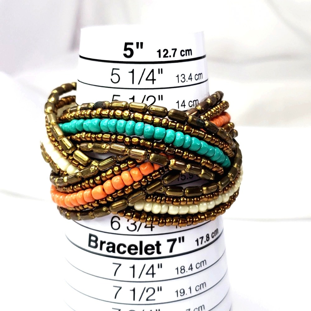 Boho Cuff Bracelet Beaded on Memory Wire Braided Gold Coral Turquoise & White